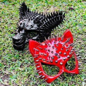 Steampunk Black Spike Wolf with Red Sexy Cat Halloween Costume Party Couple Mask